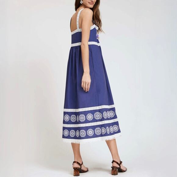 Tyler Boe Candie Midi Dress - Blue with White Embroidery - Size 6 - Picture 3 of 9
